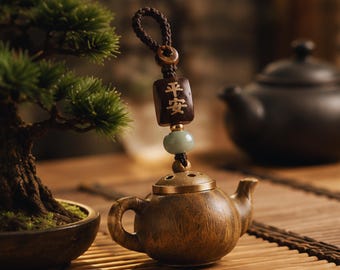 Llavero de tetera de sándalo, amuleto chino de la suerte, colgante de bolsa de cuentas de jade, amuleto para teléfono, regalo zen, llavero para coche para amantes del té, regalo de buena suerte