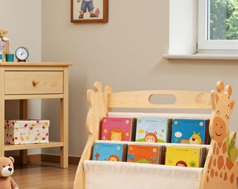 Estante de livros infantil em madeira com girafa, organizador de livros Montessori para berçário, prateleira de leitura para crianças.