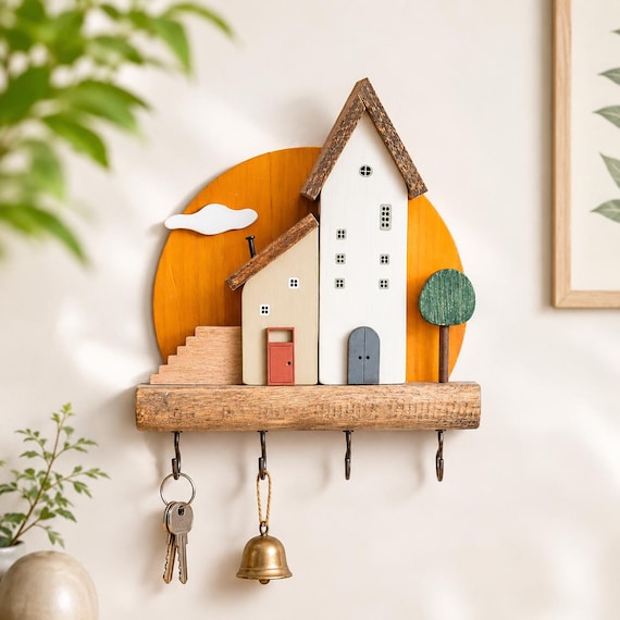 Wooden Key Holder Wall Mounted House Key Rack Decorative Entryway Organizer Shelf with Hooks Rustic Home Decor Gift