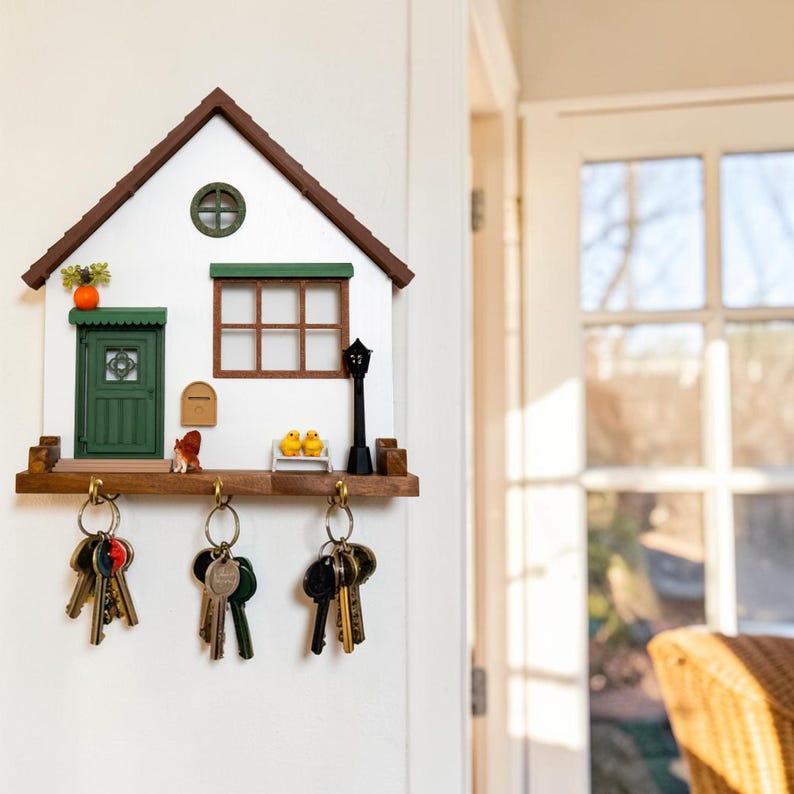 Puede incluir: Un llavero de pared de madera con forma de casa, fachada blanca, techo marr&oacute;n y puerta verde. Incluye un buz&oacute;n peque&ntilde;o, una ardilla en miniatura, dos p&aacute;jaros amarillos en un banco y una farola negra. Tres ganchos de lat&oacute;n sostienen los llaveros.