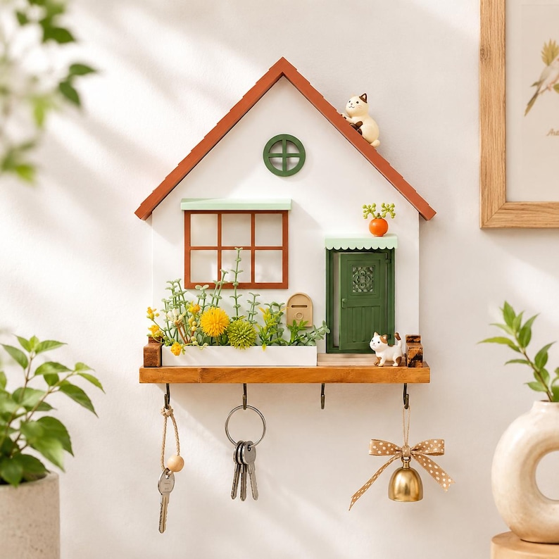 Puede incluir: Un llavero de pared con forma de casa, fachada blanca, techo naranja y puerta verde. Incluye una ventana, una jardinera con flores artificiales amarillas y verdes, dos figuras de gatos peque&ntilde;os y cuatro ganchos met&aacute;licos para llaves.