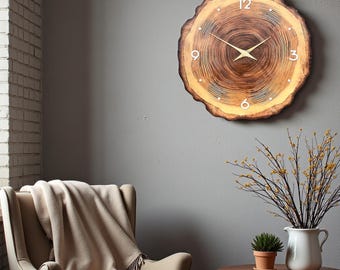Reloj de pared rústico con forma de anillo de árbol, reloj con chapa de madera auténtica, decoración estilo granja con rodajas de madera, reloj grande para sala de estar.