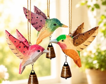 Campanilla de viento de colibrí de madera tallada a mano, adorno colgante rústico para ventana de granja, regalo para jardín o patio.