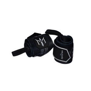 May include: A pair of black wrist wraps, one open and one closed, with the text "MAJESTIC FIT" and a white logo. These wraps are designed for weightlifting and have a hook-and-loop closure. They are made of a durable, textured material.