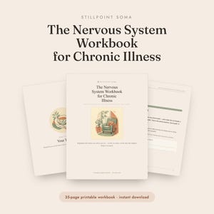 May include: Three workbooks are displayed, titled "The Nervous System Workbook for Chronic Illness." The cover illustration shows a room with a chair and a plant. The text at the bottom reads "35-page printable workbook - instant download."