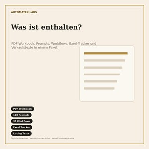 Könnte beinhalten: Cremefarbene Grafik mit deutschem Text: "Was ist enthalten?" (Was ist enthalten?). Das Bild listet ein PDF-Workbook, Prompts, Workflows, einen Excel-Tracker und Listing-Texte auf. Das Bild ist ein digitaler Download.