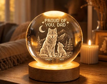 Personalized Wolf Crystal Ball Lamp, Custom Father Son Night Light, Wooden Base Keepsake