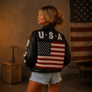 May include: A black leather jacket featuring a large American flag graphic on the back with the text USA printed in white above the flag. The jacket has a collar, long sleeves, and a structured fit, showcasing a bold patriotic design on the back panel.