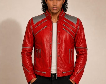 Handmade Red Leather Jacket, MJ Beat It Inspired Multi Zipper Biker Coat, 80s Pop Icon Costume, Gift for Him