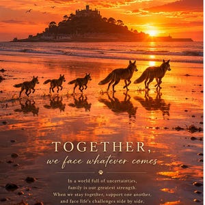May include: A digital print featuring five foxes walking along a wet beach at sunset with a castle on a distant island. The text reads: TOGETHER, we face whatever comes. In a world full of uncertainties, family is our greatest strength.