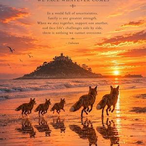 May include: A poster featuring five foxes running along a wet beach at sunset with a castle on a distant island. The text reads: TOGETHER, WE FACE WHATEVER COMES. In a world full of uncertainties, family is our greatest strength. - Unknown.