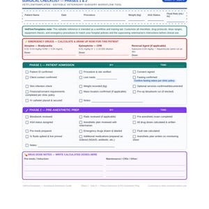 Könnte beinhalten: Eine Checkliste zur Vorbereitung auf eine tierärztliche Operation, mit Abschnitten für die Patientenaufnahme und die präanästhetische Vorbereitung. Das weiße Dokument enthält Bereiche für Patienteninformationen, Dosierungen und Verfahrensschritte.