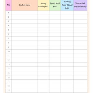 May include: A class roster chart titled CLASS ROSTER! Mrs. Wilson's Class with a watercolor rainbow graphic. The table features columns for No, Student Name, iReady Reading BOY, iReady Math BOY, Running Record Level BOY, and Words their Way Inventory.
