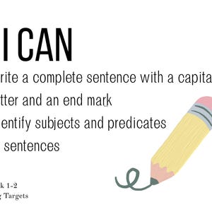 Può includere: Un poster educativo bianco con il testo nero I CAN, seguito da due punti elenco contrassegnati da icone di margherite bianche: write a complete sentence with a capital letter and an end mark, e identify subjects and predicates in sentences. Una matita gialla con una gomma rosa è illustrata in basso a destra e il testo Week 1-2 Writing Targets appare in basso a sinistra.