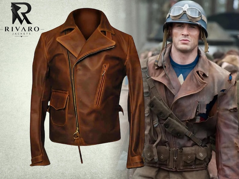 May include: A brown leather motorcycle jacket with an asymmetrical zipper, a wide collar, and a zippered chest pocket. The jacket features a flap pocket on the lower right side and a gold-toned zipper pull. The logo RIVARO JACKETS is visible.