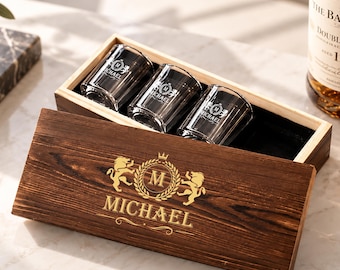Custom Engraved Whiskey Shot Glass Set of 4, Personalized Shot Glass Set with Wooden Box, Groomsmen Gift, Custom Gift for Him