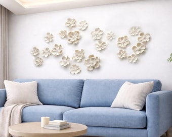 Handmade Porcelain Wall Flowers – Modern Ceramic Wall Art Installation, White Porcelain Flower Sculpture, Luxury Minimalist Wall Decor