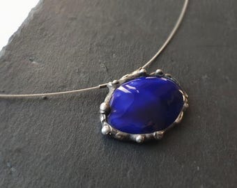Cobalt Blue Porcelain Pendant Necklace, Ceramic Choker for Women, Tiffany Soldered Jewelry, Handmade Minimalist Statement Necklace Gift