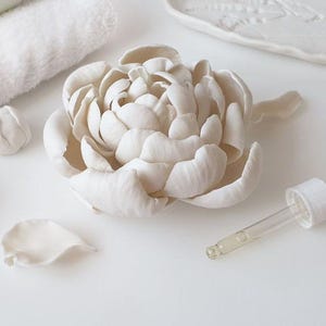 a white flower-shaped object, possibly a ceramic or porcelain piece, along with a dropper and some other white objects on a white surface.