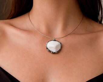 White Porcelain Choker Necklace, Tiffany Soldered Pendant, Handmade Ceramic Jewelry, Minimalist Choker, Artisan Porcelain Necklace