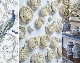 Décoration murale florale en porcelaine chinoise, fleurs en céramique translucide faites à la main, art mural élégant, sculpture murale botanique de luxe 21 sculptures