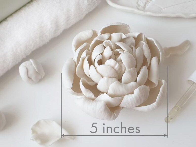 A close-up image of a white flower-shaped object, possibly a ceramic or porcelain piece, with a ruler indicating its size.