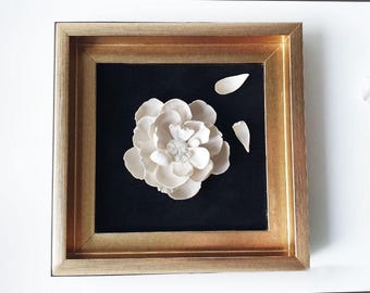 Frame Wall decor, home wall decoration, office wall decor, 3D flowers in a gold frame, three-dimensional painting, ceramic flower, porcelain