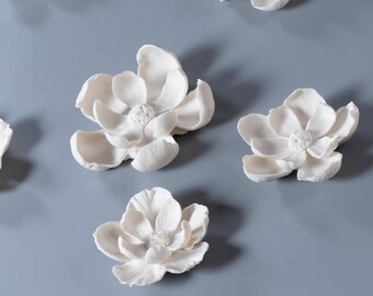 Porcelain flowers, wall art set, floral wall art, boho home decor, white decor, handmade ceramic, installation wall art, 3 flowers 3D art