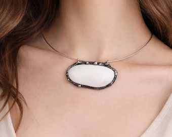White Porcelain Pendant Necklace, Ceramic Choker for Women, Tiffany Soldered Jewelry, Handmade Minimalist Statement Necklace Gift, modern