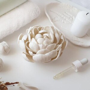 a white flower-shaped object, a white candle, and some dried flowers on a white surface.