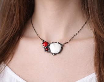 Handmade Porcelain Cabochon Necklace, Red Glass Statement Pendant, Soldered Artisan Jewelry, Gothic Romantic Necklace, Unique Gift for Her