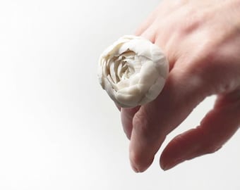 Porcelain Flower Ring, Handmade Ceramic Peony Rose Ring, White Statement Floral Ring, Adjustable Silver Color Ring, Unique Gift for Her