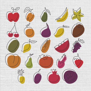 Könnte beinhalten: Eine Sammlung von dreiundzwanzig stilisierten Fruchtillustrationen, die in einem Raster angeordnet sind. Jedes Symbol besteht aus einer durchgehenden schwarzen Konturlinie und einer einfarbigen Füllung und zeigt verschiedene Früchte wie Äpfel, Kirschen, Bananen, Trauben und Beeren.