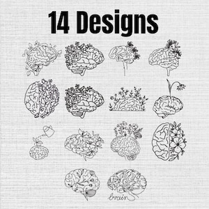 May include: A collection of 14 black line art illustrations featuring human brains integrated with various floral, butterfly, and botanical elements. The text 14 Designs is displayed at the top in a bold, black sans-serif font on a light background.