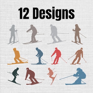 Pode incluir: Um gráfico digital apresentando o texto 12 Designs no topo, seguido por doze silhuetas distintas de esquiadores em várias poses e cores, incluindo cinza, laranja, azul, vermelho e marrom, sobre um fundo cinza claro texturizado.