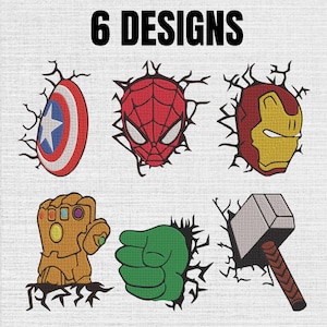 May include: A collection of 6 DESIGNS featuring embroidered superhero icons including a red, white, and blue shield, a red spider mask, a red and gold helmet, a gold gauntlet with colored stones, a green fist, and a grey hammer, all with crack effects.