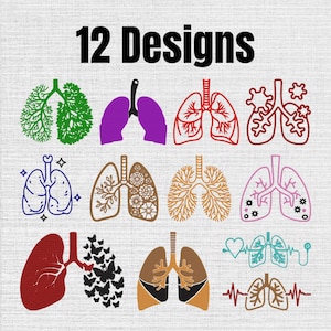 Op de afbeelding: Een digitale afbeelding met 12 ontwerpen van menselijke longen in diverse stijlen en kleuren, waaronder groen, paars, rood, blauw, bloemmotieven en vlinders. De tekst 12 Designs staat in dikke zwarte letters bovenaan de afbeelding.