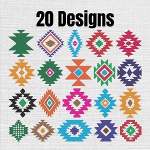 Pode incluir: Uma coleção de 20 designs com padrões geométricos dispostos em uma grade. Cada gráfico consiste em várias formas como diamantes, triângulos e estrelas em cores vibrantes, incluindo vermelho, azul, verde, laranja, rosa, roxo e marrom.