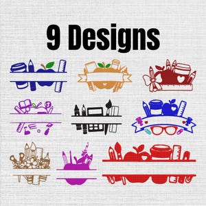 May include: A digital collection of 9 Designs featuring school-themed split-frame graphics. Each illustration incorporates icons like apples, pencils, rulers, coffee cups, and glasses in various solid colors including blue, orange, red, and purple.