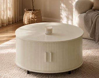 Modern Round Storage Coffee Table White Wood Sliding Door Center Table