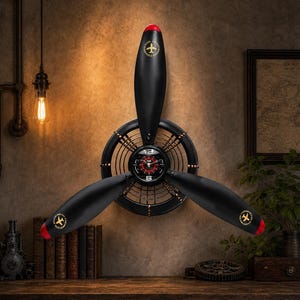 Op de afbeelding: Een wandklok ontworpen als een vliegtuigpropeller met drie bladen in matzwart met rode uiteinden. De centrale naaf heeft een ronde wijzerplaat met witte cijfers 12 en 6, omringd door een zwarte metalen kooistructuur met gouden accenten.