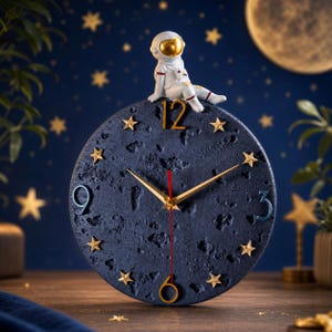 May include: A round wall clock with a dark blue, textured surface resembling the moon's cratered terrain. A small white astronaut figurine with a gold visor sits on top. The clock features gold hands, a red second hand, and gold star markers.