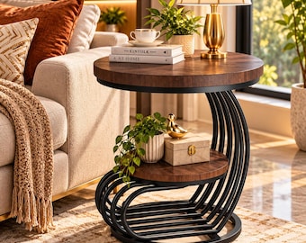 Round End Table with Storage | 2-Tier Vintage Side Table & Arc Frame Nightstand