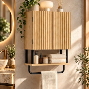 Puede incluir: Un armario de baño montado en la pared con puertas de madera clara y textura estriada vertical. La unidad incluye un estante abierto inferior sostenido por marcos de metal negro, con dos toallas beige dobladas y botellas, y un toallero.
