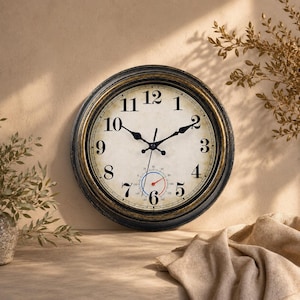 Op de afbeelding: Ronde wandklok met een zwart en goudkleurig frame, een crèmekleurige wijzerplaat, zwarte Romeinse cijfers en wijzers. Inclusief een thermometer. Decoratief voor in huis.