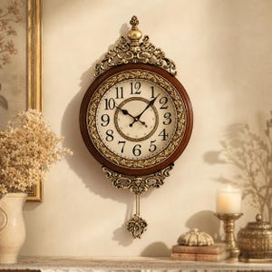 May include: A round wall clock with a dark wood frame and an ornate gold-toned metal border. The cream-colored face features black Arabic numerals, black hands, and a decorative gold-toned metal finial at the top and a matching pendulum at the bottom.