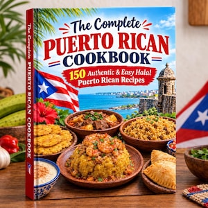May include: A hardcover cookbook titled The Complete Puerto Rican Cookbook with 150 Authentic & Easy Halal Puerto Rican Recipes. The cover features a coastal landscape, the Puerto Rican flag, and bowls of various dishes including mofongo with shrimp.