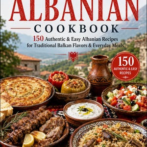 Puede incluir: El libro de cocina The Complete Albanian Cookbook con 150 Authentic & Easy Albanian Recipes for Traditional Balkan Flavors & Everyday Meals. La portada muestra una variedad de platos que incluyen pimientos rellenos, ensalada, arroz y brochetas.