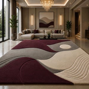 Peut inclure: Un tapis rectangulaire présentant un design texturé à plusieurs niveaux avec des sections bordeaux profond, gris ardoise et crème. La surface affiche des motifs ondulés incurvés et un élément circulaire, créant un aspect dimensionnel.