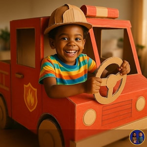 Può includere: Un bambino con un casco da pompiere in cartone marrone è seduto all'interno di un camion dei pompieri in cartone rosso. Il camion presenta un volante circolare, un emblema a fiamma gialla sul lato e fari rotondi. Il bambino indossa una maglietta a righe.